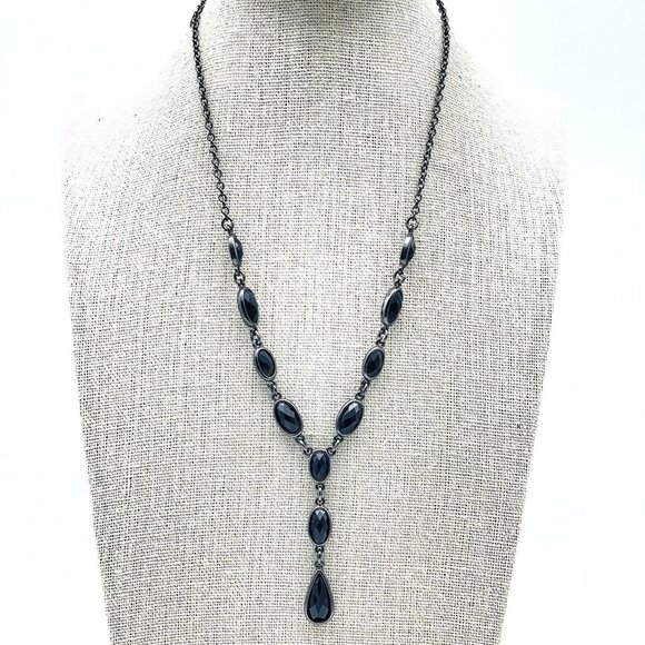 CROWN TRIFARI Black Faceted Bead Necklace Y Drop Gunmetal Glam Bling Sparkle - Picture 1 of 9